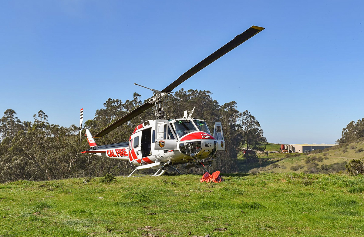 Cal Fire’s Copter 907 stands by. Photo credit: CAL FIRE CZU San Mateo-Santa Cruz Unit