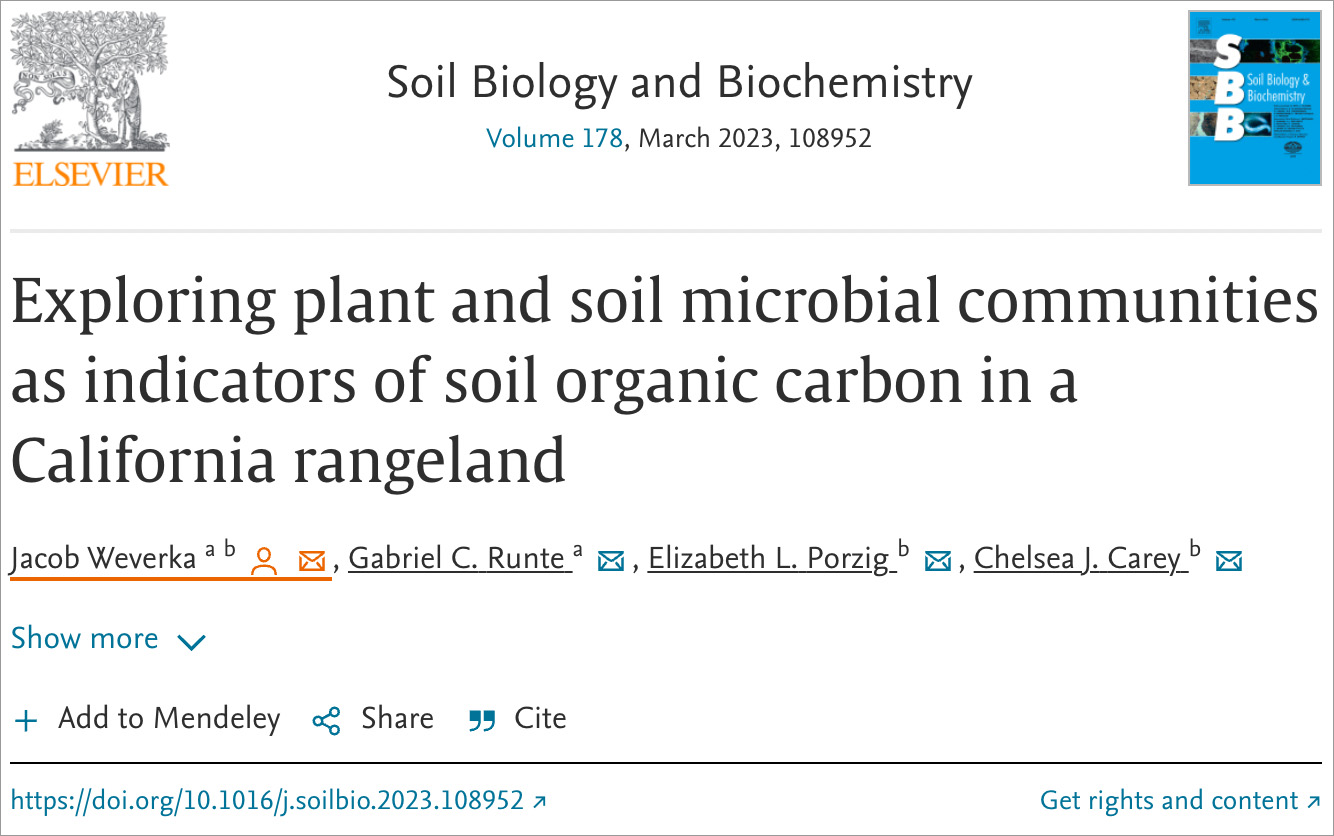 Plant and soil microbial communities play an important role in carbon sequestration. Biological indicators related to these communities may offer alternatives to direct carbon measurements in some scenarios, potentially helping to forecast future changes. Despite their significance, considerable work needs to be done to identify which biological indicators, if any, can accurately predict future trends in carbon across a landscape. To address this, Point Blue and TomKat Ranch teamed up with scientists from UC Santa Barbara to investigate the relationships between plant, fungal, and bacterial communities and soil carbon changes across space and time. We found that certain combinations of plants, fungi, and bacteria served as reliable indicators of soil carbon storage. Specifically, we found bacteria that metabolize carbon more slowly and efficiently are associated with sites that store more carbon in the long run. Decomposing fungi were also associated with enhanced soil carbon sequestration over time. On the other hand, bacteria that thrive in high carbon environments and are thought to “leak” more CO2 as they work, were associated with sites that showed carbon losses over time. While more research needs to be done, this work contributes to a growing body of knowledge around biological indicators related to soil carbon sequestration. Our findings offer valuable insights for further investigation, and our hope–as ever–is that they will help to build strategies that promote increased carbon storage in the soil, mitigate climate change, and build resilience into working landscapes for a more stable future.