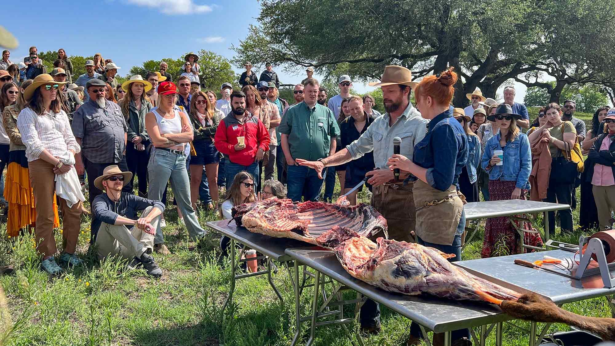 Loren Poncia of Stemple Creek Ranch in his pasture addressing attendees during the Beef2Institution event.