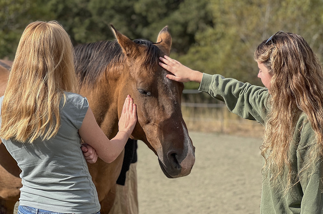 Two young women petting a horse's' head at TomKat Ranch