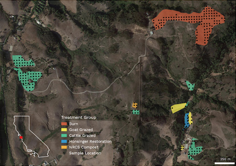 Sample locations across the five management zones sampled during the summer 2022 campaign at TomKat Ranch.