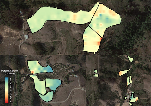 Interpolated percent total soil carbon 0-15 cm at TomKat Ranch.