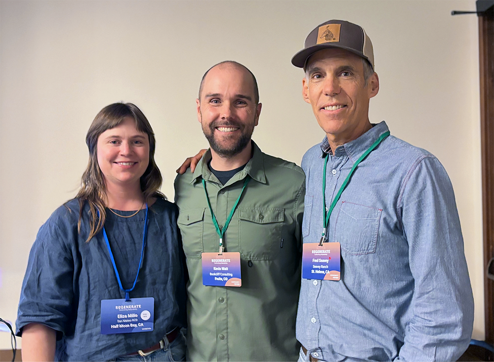 Eliza Milio of the San Mateo Resource Conservation District, Kevin Watt of TomKat Ranch Educational Foundation and Bookcliff Consulting, and rancher and course participant Fred Seavey of Seavey Ranch at Regenerate 2025