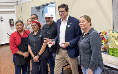 Ravenswood School District does a taste test with Summer School Studentsl Front L to R: Irma Munoz, Roshni Mohammed, Fidel Alas, Senator Josh Becker (holding a bone broth sample cup), Maria Vazquez. Back: Norma Becerra, Juan Vizcardo. Photo: Kathy Webster