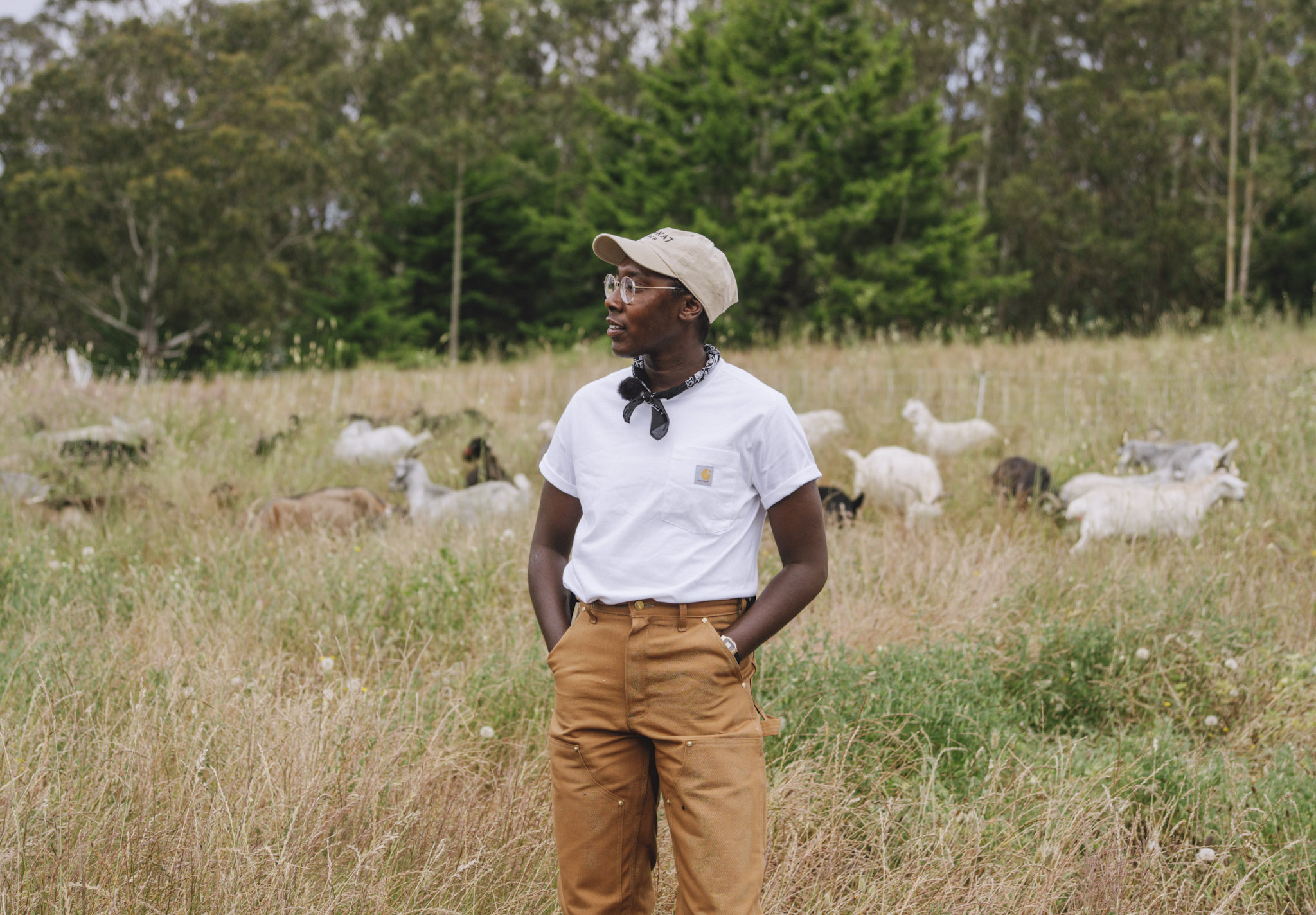 Mukethe Kawinzi, Head Shepherd at TomKat Ranch, standing in a pasture with the goats and the knowledge Wendell shared with her.