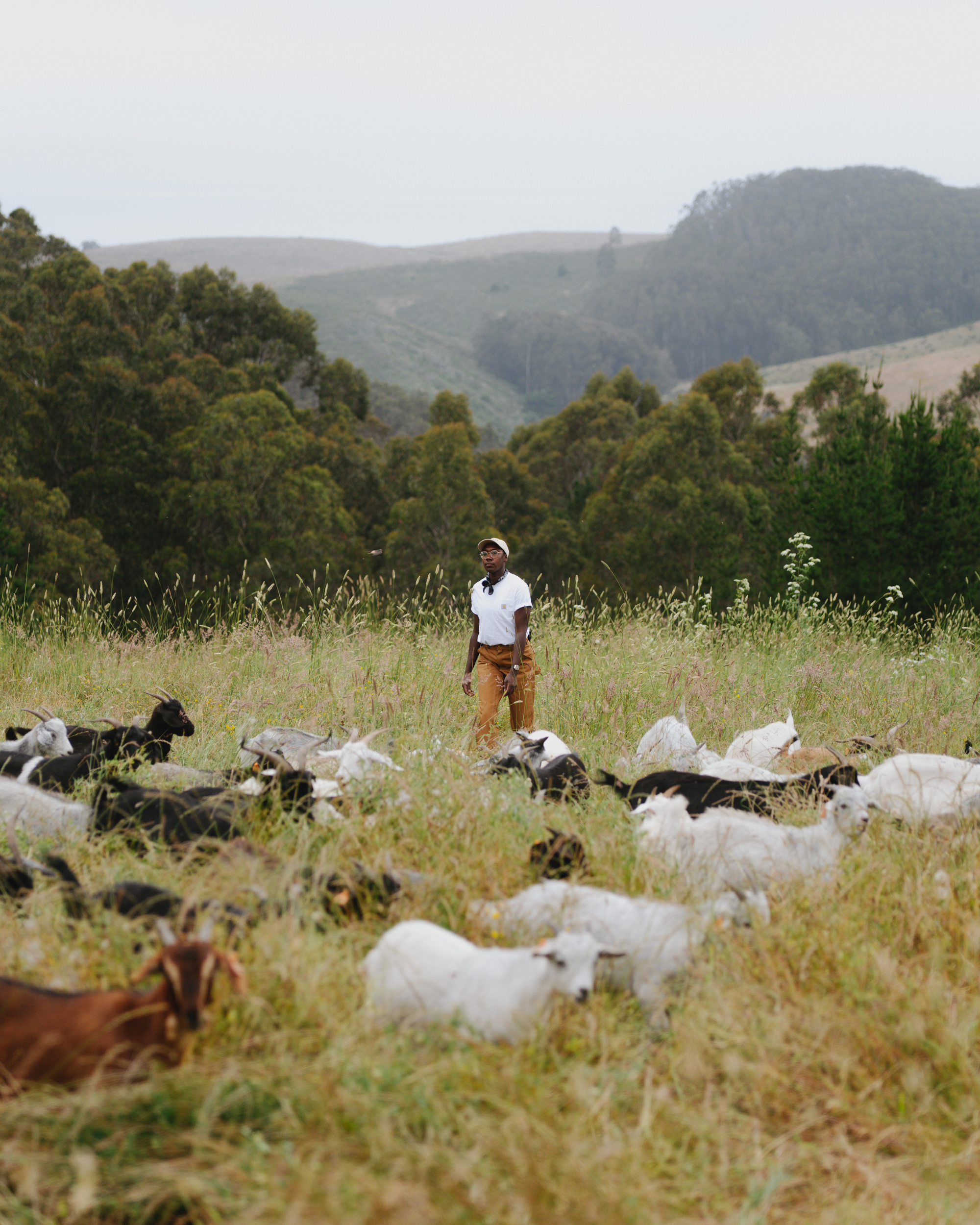 Mukethe Kawinizi in a field with her goats. Photo: AmaYah Harrison