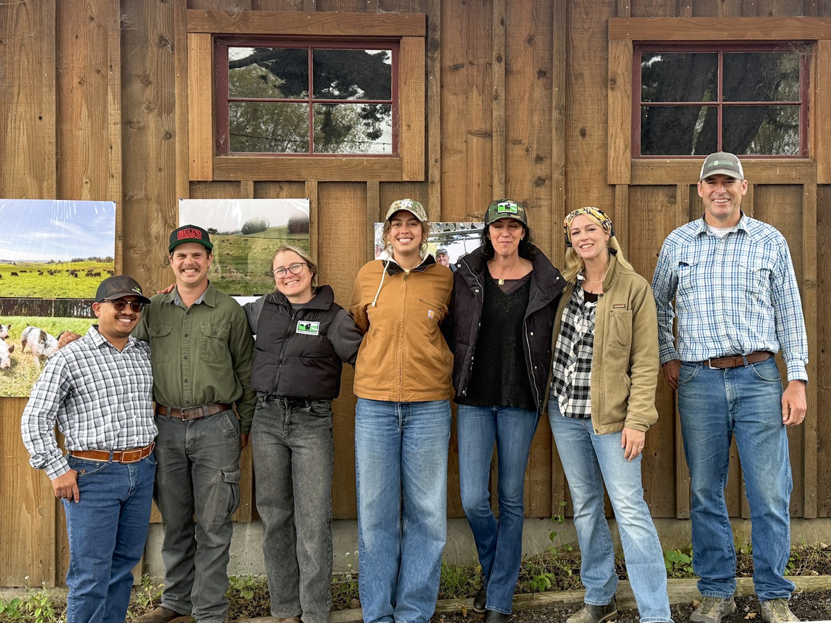 The summer intern visit to Stemple Creek Ranch. From left to right: José Gonzalez (TKREF intern), Matthew Habib (TKREF intern), Maddie Young (Stemple Creek Chief of Staff), Abby Garwal (TKREF intern), Jackie Bordessa (Stemple Creek Hospitality Coordinator), Sarah Carruth (TKREF intern and the article’s author), Alex Blake (TomKat Ranch Operations Manager).